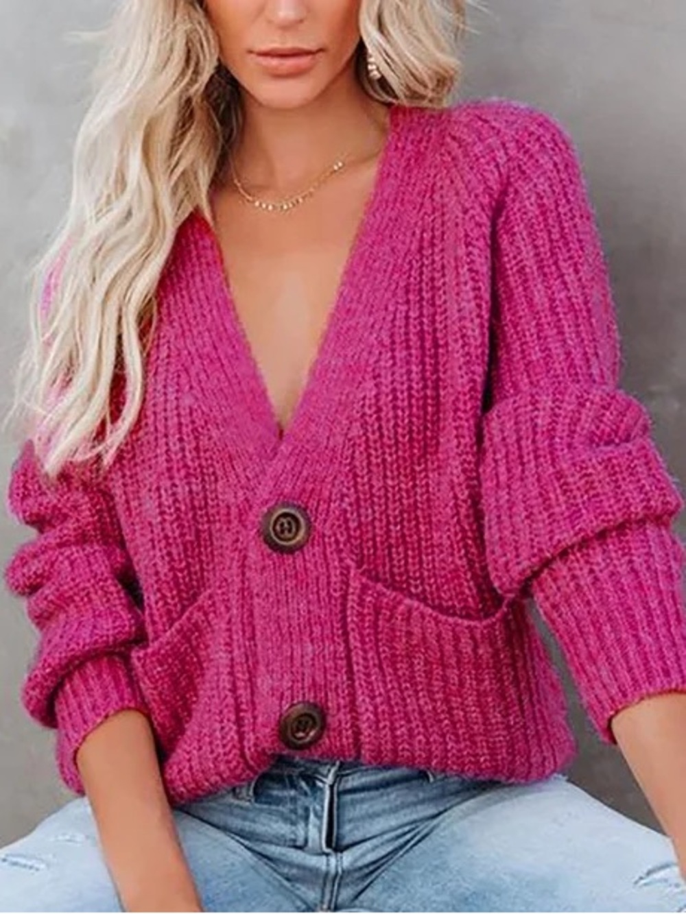 FORE Plush Rose Pink Chunky Button-Front V-Neck Cardigan